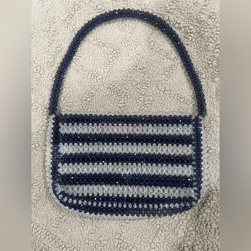 J. Crew Navy and Clear Striped Beaded Shoulder Bag
